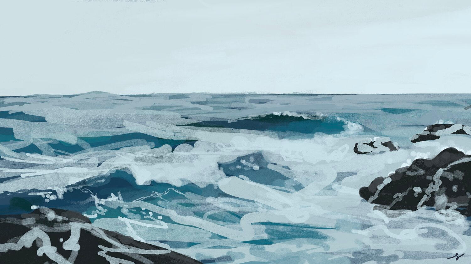 Loose painting of a rocky ocean on a stormy day