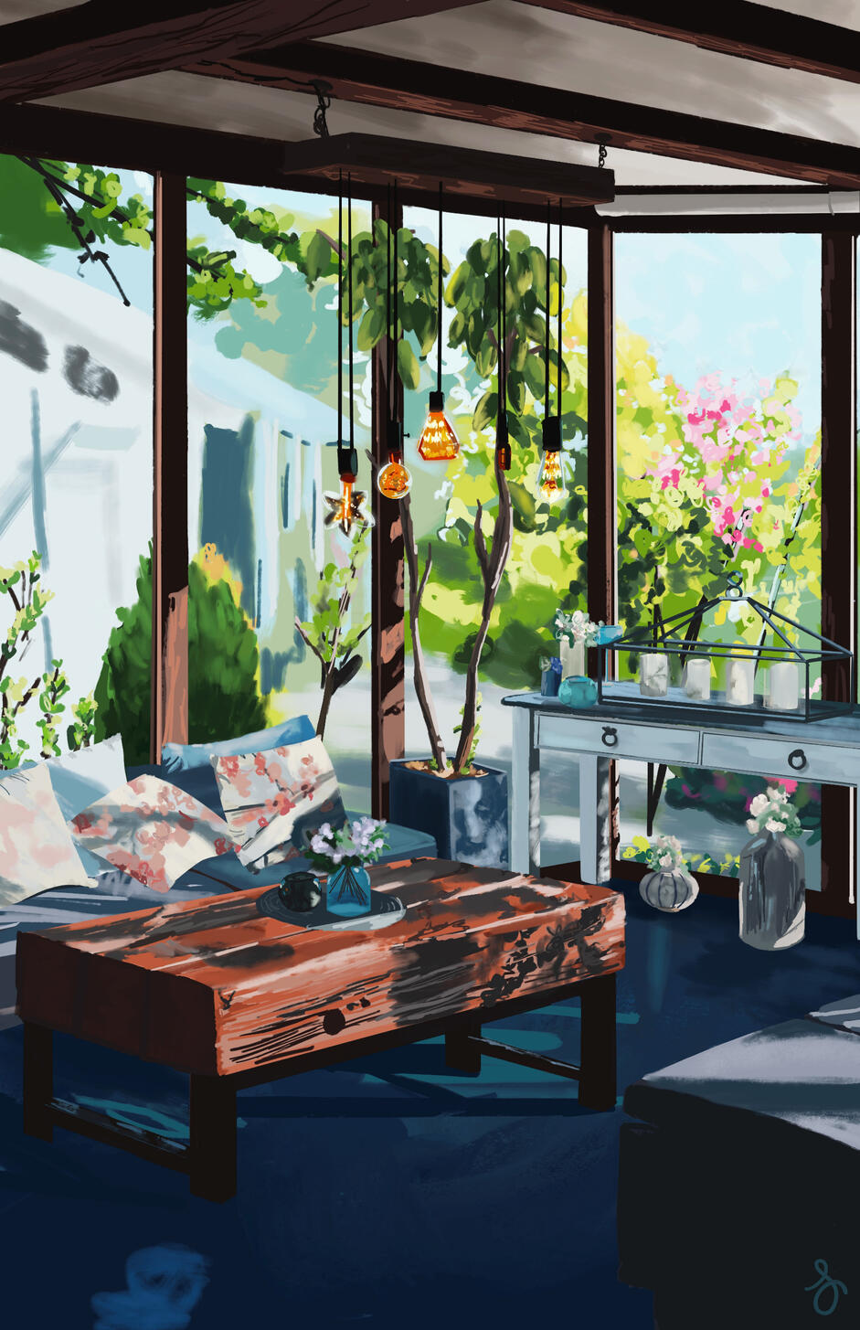 painting of a clear glass room with plants outside