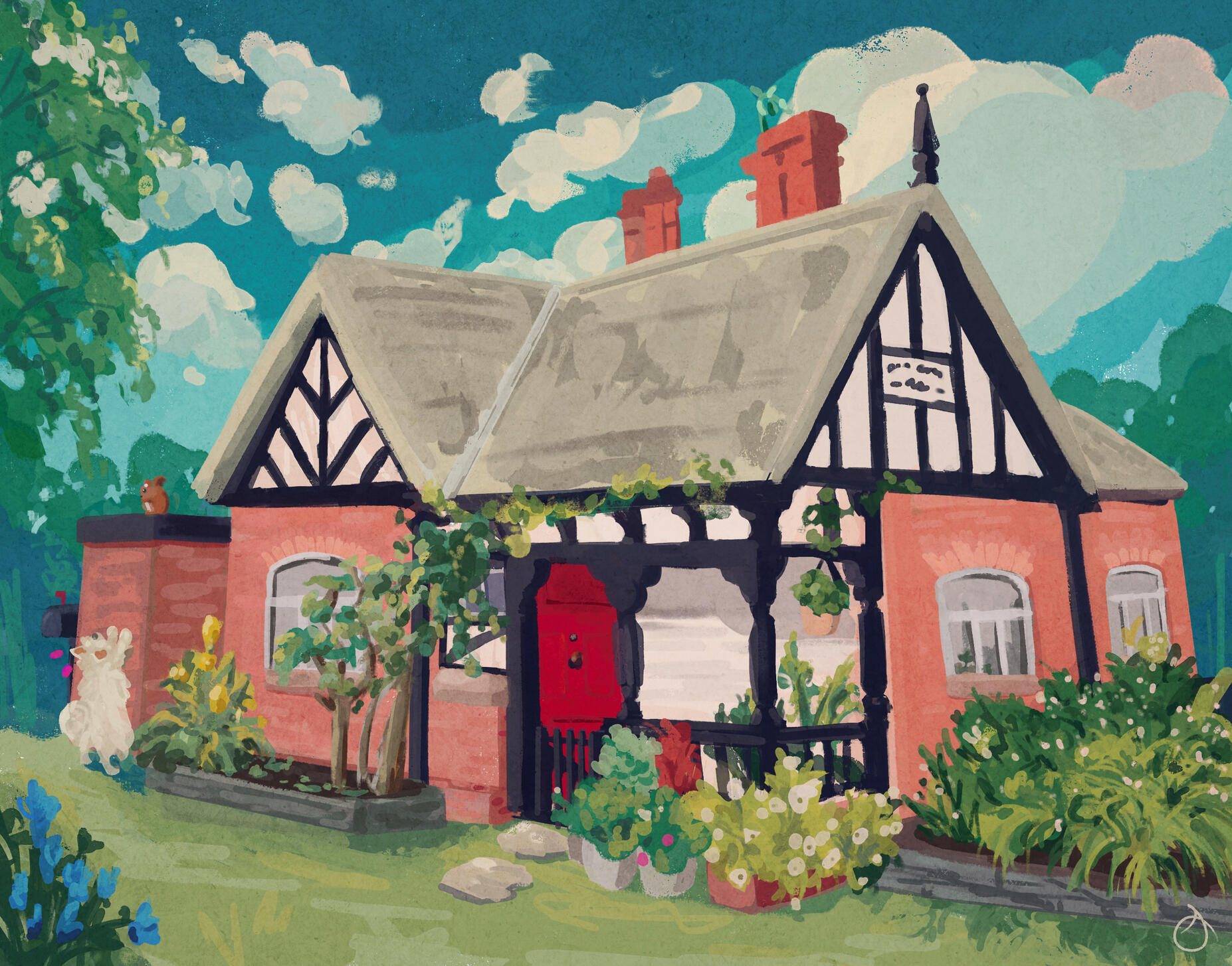 painting of a pink cottage