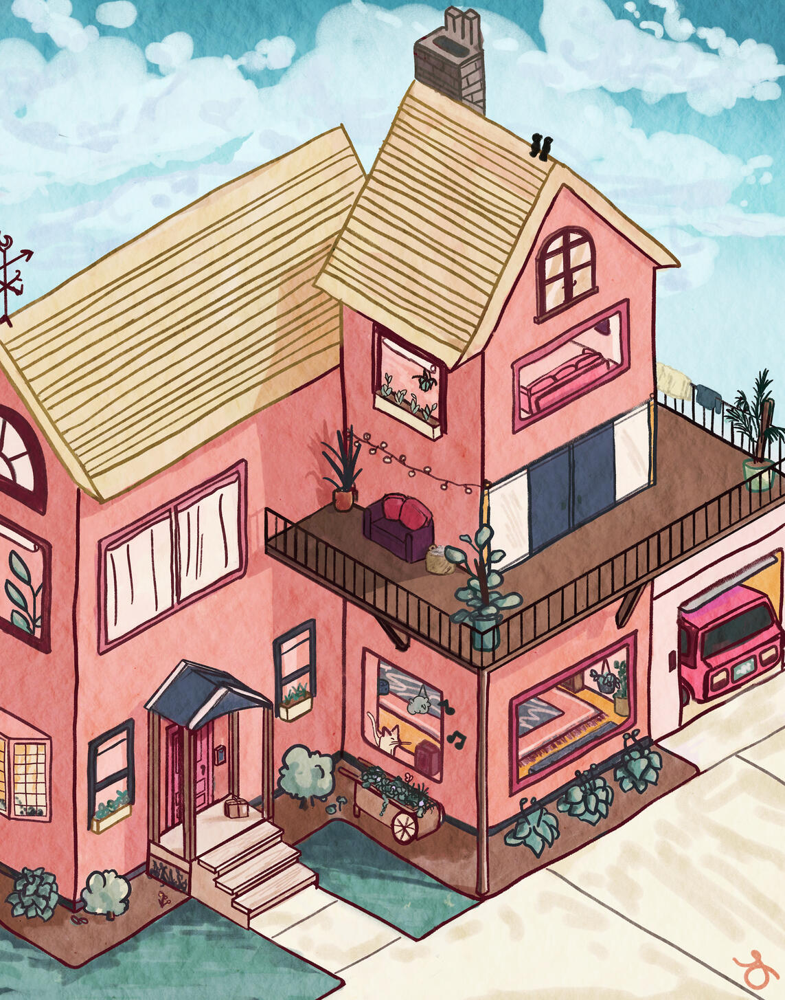 Painting of a house in isometric style