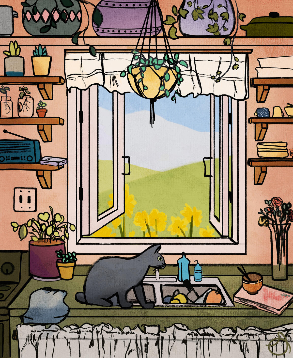 painting of a cat at the kitchen sink with an open window