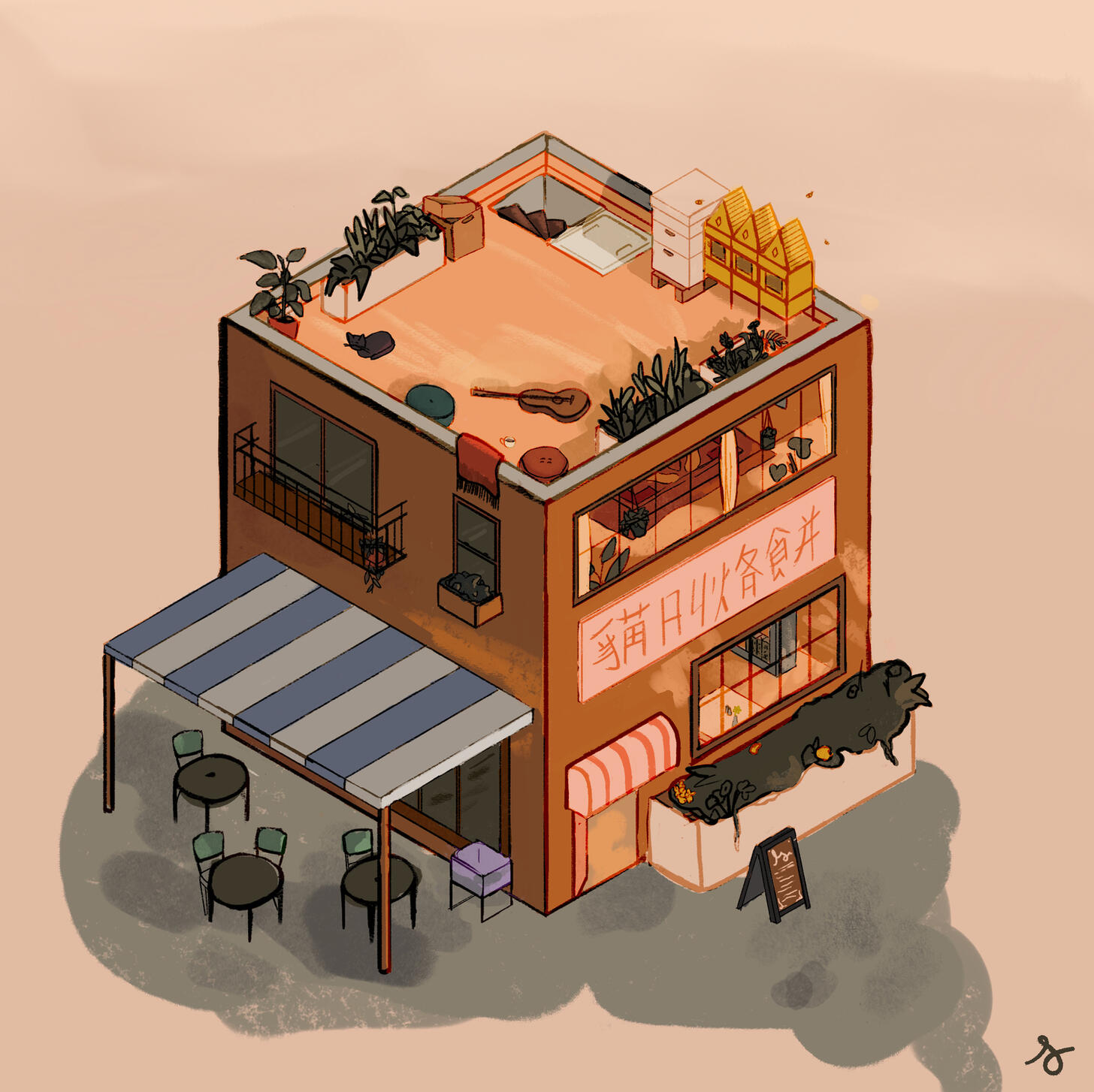 painting of an asian cafe