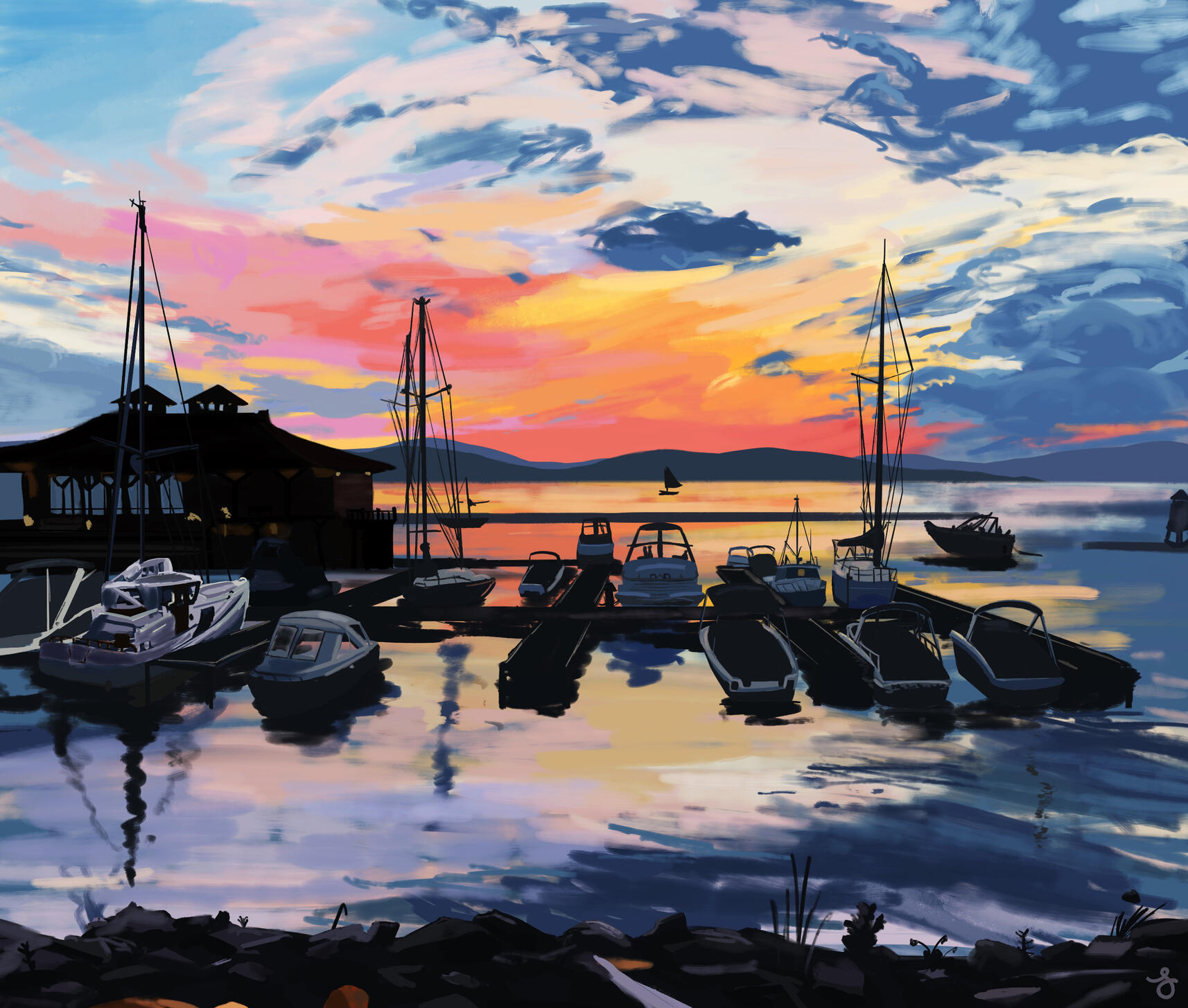 paitning of dock and boats at sunset